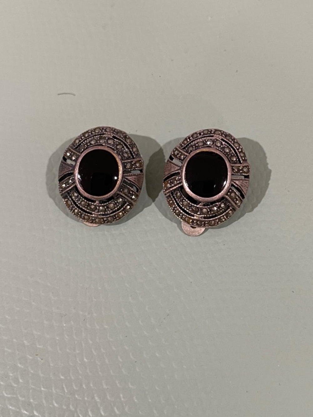 Vintage Sterling Silver Black Onyx Oval Clip on Stud Earrings